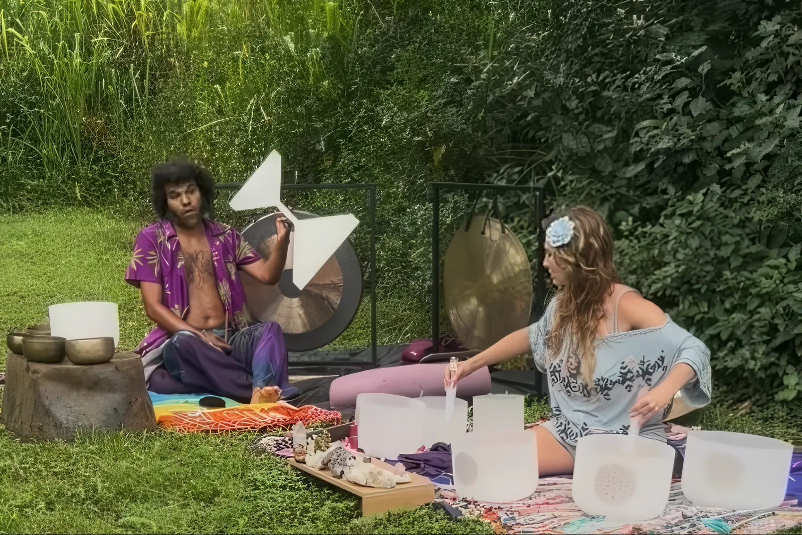 Jīvā and Gia playing two gongs and crystal singing bowls on a garden lawn.